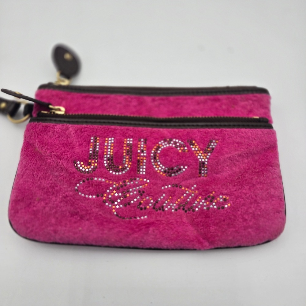 Juicy Couture Pink Velour Coin Pouch Sparkle Rhinestone Zipper‎ Wristlet